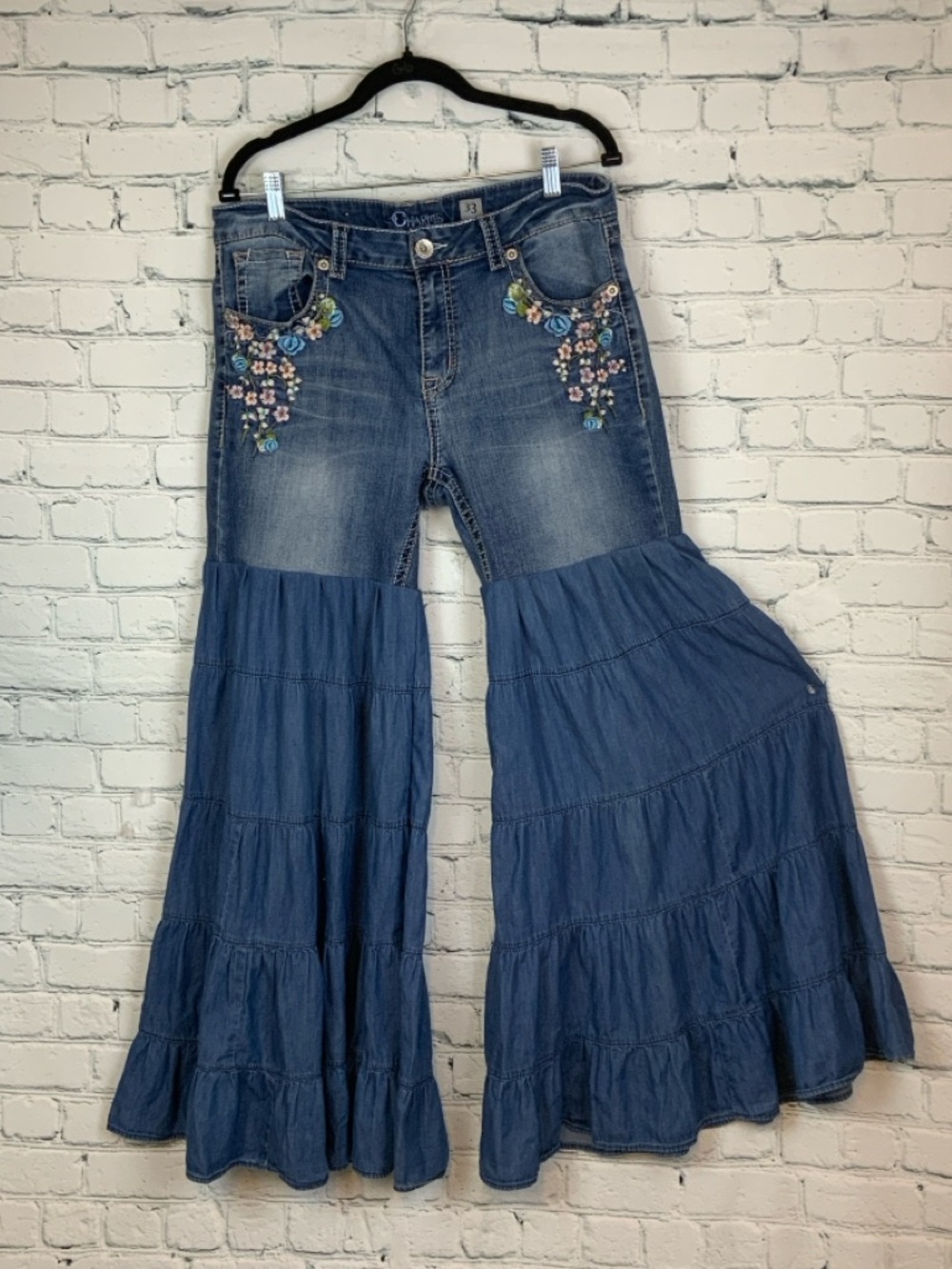 One of a Kind Upcycled Charm Embroidered Multi Tier Bell Bottom Jeans